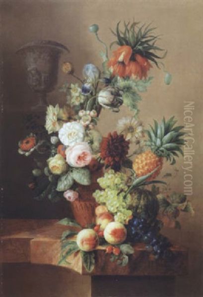 Fleurs, Fruits Sur Un Entablement - view 1