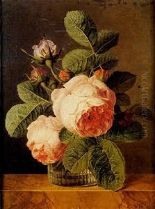 Nature Morte Au Bouquet De Roses Dans Un Vase En Verre Sur Un Entablement by Jan Frans Van Dael