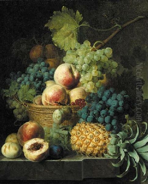 Apples, Grapes, Apricots And Berries In A Basket, With A Pineapple, Grapes And Other Fruit On A Marble Ledge - view 1