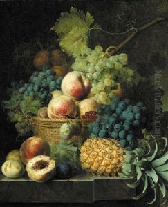 Apples, Grapes, Apricots And Berries In A Basket, With A Pineapple, Grapes And Other Fruit On A Marble Ledge