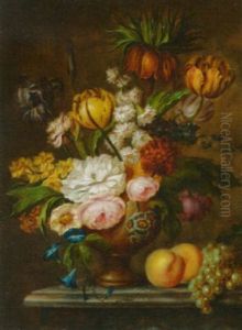 Tulips, Narcissi, Peonies And Other Summer Flowers In A Vase With Grapes And Peaches On A Marble Mantle