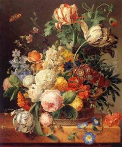 Still Life Of Roses, Tulips, Morning Glories And Other Flowers In A Basket Resting On A Marble Ledge by Jan Frans Van Dael