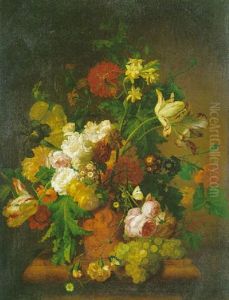 Nature Morte Au Bouquet De Fleurs Dans Un Vase Sculpte Sur Un Entablement De Marbre by Jan Frans Van Dael