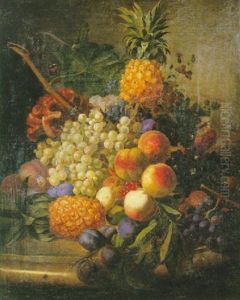 Nature Morte Aux Raisins, Peches Et Ananas Sur Un Entablement De Marbre