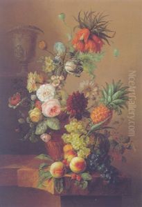 Still Life Of Various Flowers In A Terracotta Vase, Peaches, Grapes, A Melon And Pineapple In The Foreground, On A Mable Table by Jan Frans Van Dael