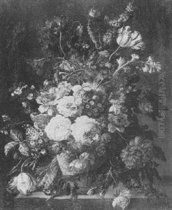 A Still Life Of Roses, Tulips, Narcissi, Hyacinths And Other Flowers In A Terracotta Vase On A Stone Ledge by Jan Frans Van Dael