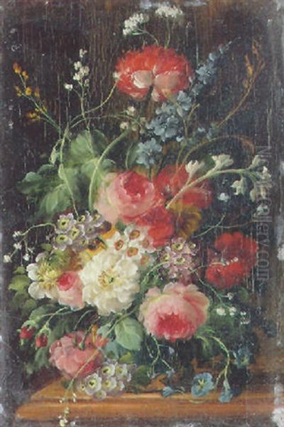 A Still Life Of Roses, Peonies, Hyacinths And Other Flowers In A Vase On A Wooden Ledge - view 1