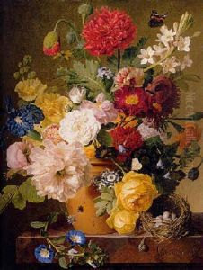 A Peony, Roses, An Iris And Other Flowers In A Terracotta Vase On A Marble Ledge