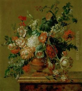 A Still Life Of Roses, Tulips, Narcissi, Hyacinths And Other Flowers In A Terracotta Vase On A Stone Ledge