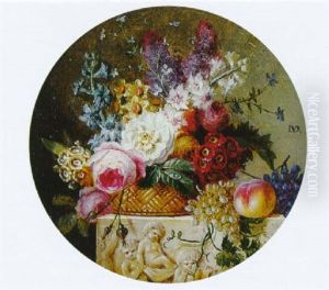 Nature Morte Au Panier De Fleurs Et De Fruits Sur Un Entablement Sculpte En Bas Relief by Jan Frans Van Dael