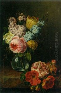 A Rose, A Tulip, Hyacinths And Primulae In A Vase With A Carnation And Poppies On A Ledge