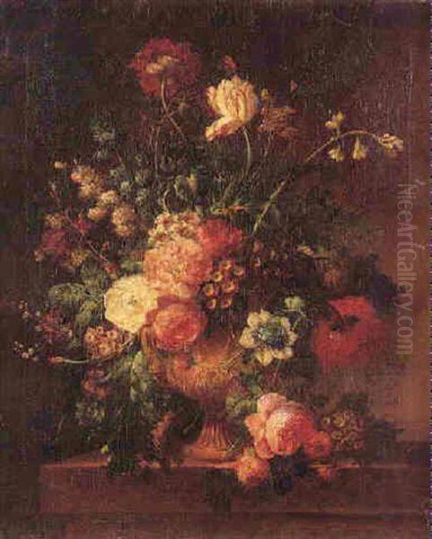 Still Life Of Flowers In A Terracotta Vase On A Stone Ledge - view 1