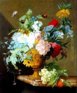 A Tulip, Carnations And Other Flowers In A Sculpted Vase With Grapes And An Orange On A Marble Ledge by Jan Frans Van Dael