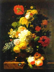 Roses, Poppies And Other Flowers In A Vase On A Stone Ledge by Jan Frans Van Dael