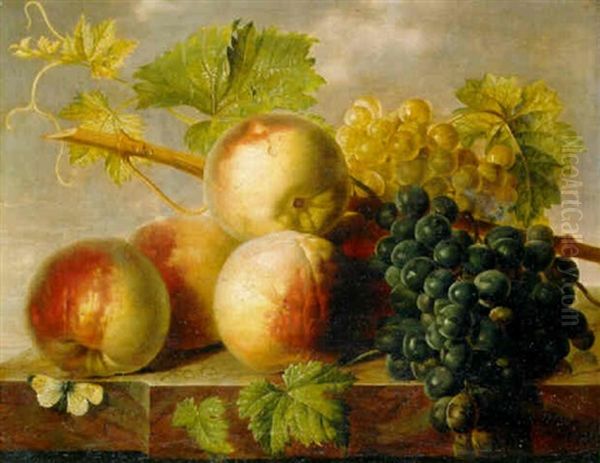 Peaches And Grapes With Cabbage White On A Marble Ledge - view 1