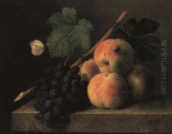 Nature Morte A La Grappe De Raisin Et Aux Peches Sur Un Entablement - view 1
