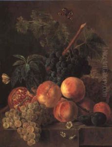 Still Life With Grapes, Other Fruit And Flowers On A Stone Ledge by Jan Frans Van Dael