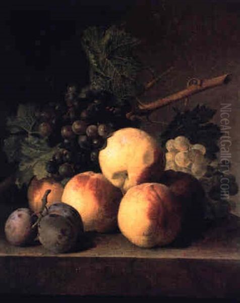 Peches, Prunes Et Raisins Sur Un Entablement De Marbre - view 1