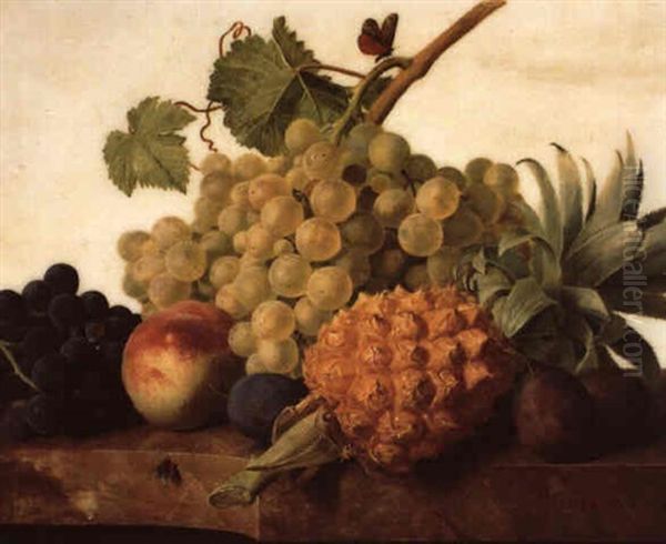 Ananas, Peches Et Raisins Sur Un Entablement De Marbre - view 1