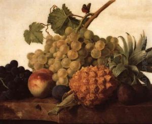 Ananas, Peches Et Raisins Sur Un Entablement De Marbre