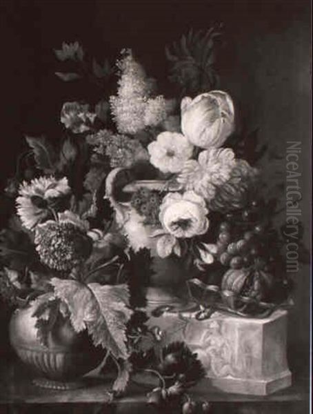Mixed Flowers And A Bowl Of Fruit On A Ledge - view 1