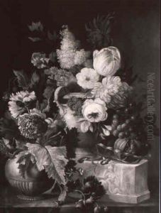 Mixed Flowers And A Bowl Of Fruit On A Ledge by Jan Frans Van Dael
