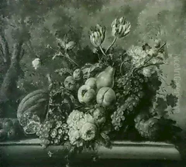 Corbeilles De Fruits Et De Fleurs Sur Un Entablement De Pierre - view 1
