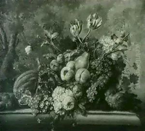 Corbeilles De Fruits Et De Fleurs Sur Un Entablement De Pierre by Jan Frans Van Dael