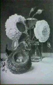 A Nest With Birds' Eggs Beside A Glass Beaker With Flowers by Jan Frans Van Dael