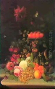 Peonies, Dahlias, An Epergne Of Plums, Apples, Grapes,      Other Flowers And Melons On A Stone Ledge