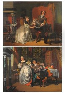 Gentleman And Lady Winding Wool In An Interior; Musical Serenade, Gentleman Playing A Violin Beside A Table (pair) by Casimir Van Den Daele