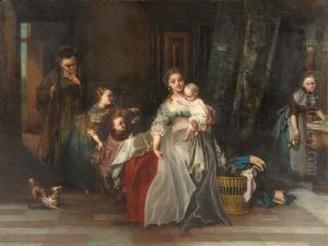 The Centre Of Attention (interior Scene With A Lady Holding A Baby, Other Children Nearby) by Casimir Van Den Daele