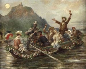 Rheinfahrt Auf Der Laetitia, Ausgelassen Feiernde Gesellschaft by Eduard Daelen