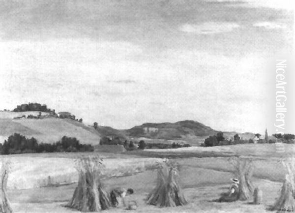 Sommerlandschaft Mit Arbeitenden Bauern Auf Dem Feld - view 1
