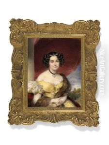 A Lady In Yellow Dress And Fur Stole, Seated In An Interior by Moritz Michael Daffinger