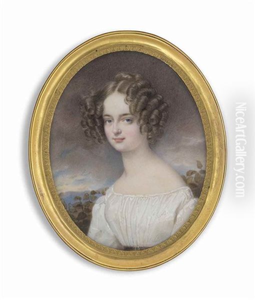A Lady Called Countess Henrietta Hunyady Nee Princess Of Liechtenstein (1806-1886) In White Off-the-shoulder Dress With Brown Buckled Belt, Her Brown Hair In A Bun And Ringlets; Sky And Foliate Background - view 1