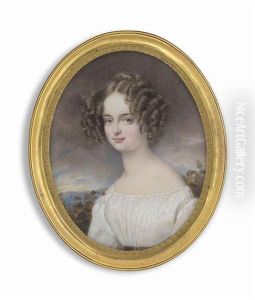 A Lady Called Countess Henrietta Hunyady Nee Princess Of Liechtenstein (1806-1886) In White Off-the-shoulder Dress With Brown Buckled Belt, Her Brown Hair In A Bun And Ringlets; Sky And Foliate Background