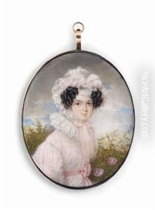 A Young Lady, In White Lace Dress With Puffed Sleeves, Frilled Collar, Pink Sash Tied Around Her Waist, Wearing A Lace-trimmed White Cap With Pink Ribbons; Landscape Background With Pink Roses And Foliage by Moritz Michael Daffinger