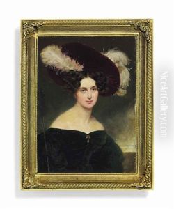 A Lady, Possibly A Countess Of Solms, In Emerald Green Off-the-shoulders Dress, Large Red Hat Decorated With White Ostrich Plumes, Dark Curling Hair