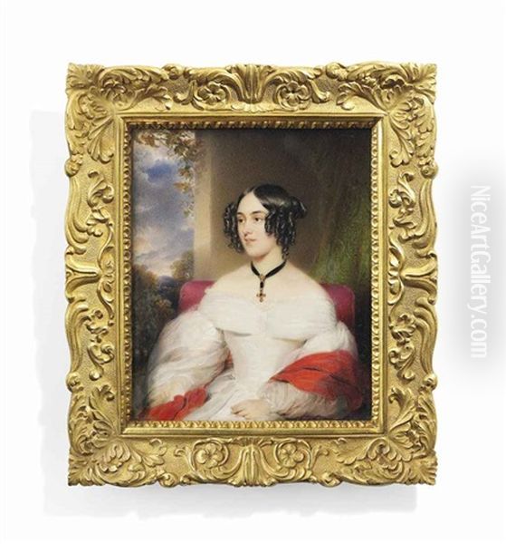 Baroness Amelie Stuers, Seated On Red Upholstered Chair, In White Dress, Red Cashmere Shawl Draped Over Her Arms, Wearing A Gold Crucifix Around Her Neck Suspended From A Black Choker - view 1