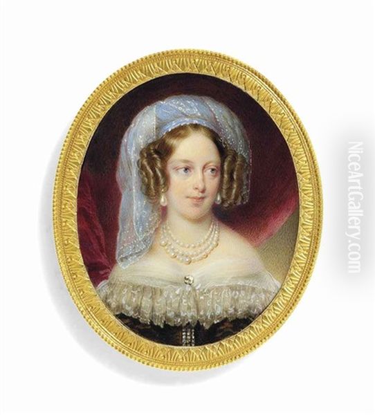 Marie-caroline (1798-1870), Duchesse De Berry, Nee Princess Caroline Of Naples And Sicily, In Brown Silk Dress Bordered With White Gauze, Lavender-blue White Embroidered Muslin Turban - view 1