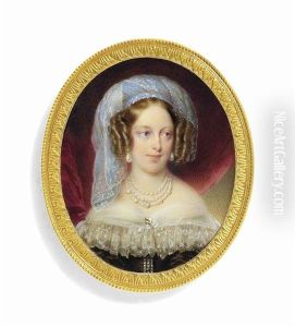 Marie-caroline (1798-1870), Duchesse De Berry, Nee Princess Caroline Of Naples And Sicily, In Brown Silk Dress Bordered With White Gauze, Lavender-blue White Embroidered Muslin Turban