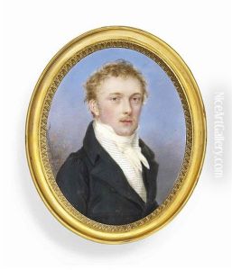 A Young Gentleman, In Dark Grey Coat, White Waistcoat With Blue Horizontal Stripes, Knotted Cravat, Fair Hair And Moustache; Sky Background With Small Tree