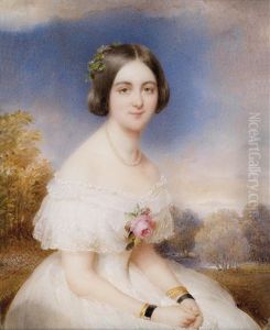 Bildnis Einer Jungen Dame In Weisem Kleid, Mit Einer Rose Am Dekolletee, In Einer Praterlanschaft Sitzend