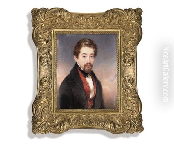 A Young Gentleman, In Brown Coat, Floral Embroidered Brick-red Waistcoat - view 1
