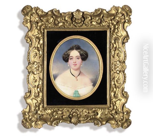 A Young Lady, In White Lace-bordered Dress With Turquoise Bow At Corsage - view 1