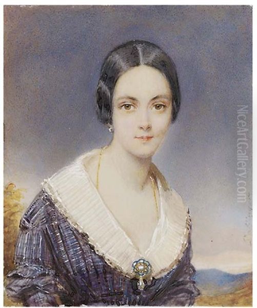 A Young Lady, In Black And Blue Striped And Checked Dress With Pleated White Collar, Gold-set Drop Pearl Pendant At Corsage, Gold Chain Necklace And Gold Hoop Earring, Centre-parted Black Hair - view 1