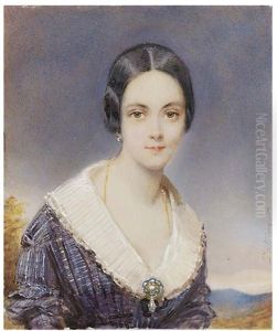 A Young Lady, In Black And Blue Striped And Checked Dress With Pleated White Collar, Gold-set Drop Pearl Pendant At Corsage, Gold Chain Necklace And Gold Hoop Earring, Centre-parted Black Hair