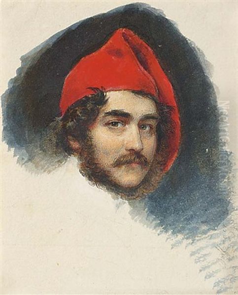 A Self-portrait Of The Artist, Red Cap In His Curling Brown Hair, Beard And Moustache by Moritz Michael Daffinger
