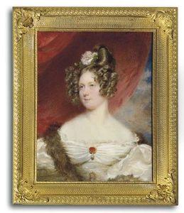 Princess Karoline Arenberg In Lace-bordered White Silk Dress With Voluminous Sleeves, White Belt With Gold Buckle, Gold-set Carnelian And Drop Pearl Pendant At Corsage, Fur Stole